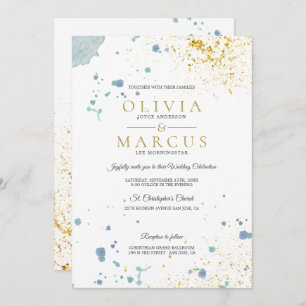 Wedding Modern Blue and Gold Watercolor Splatters Invitation