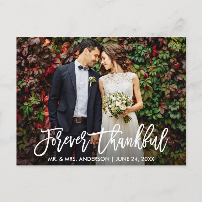 Wedding Modern Brush Script Forever Thankful Photo Postcard (Front)