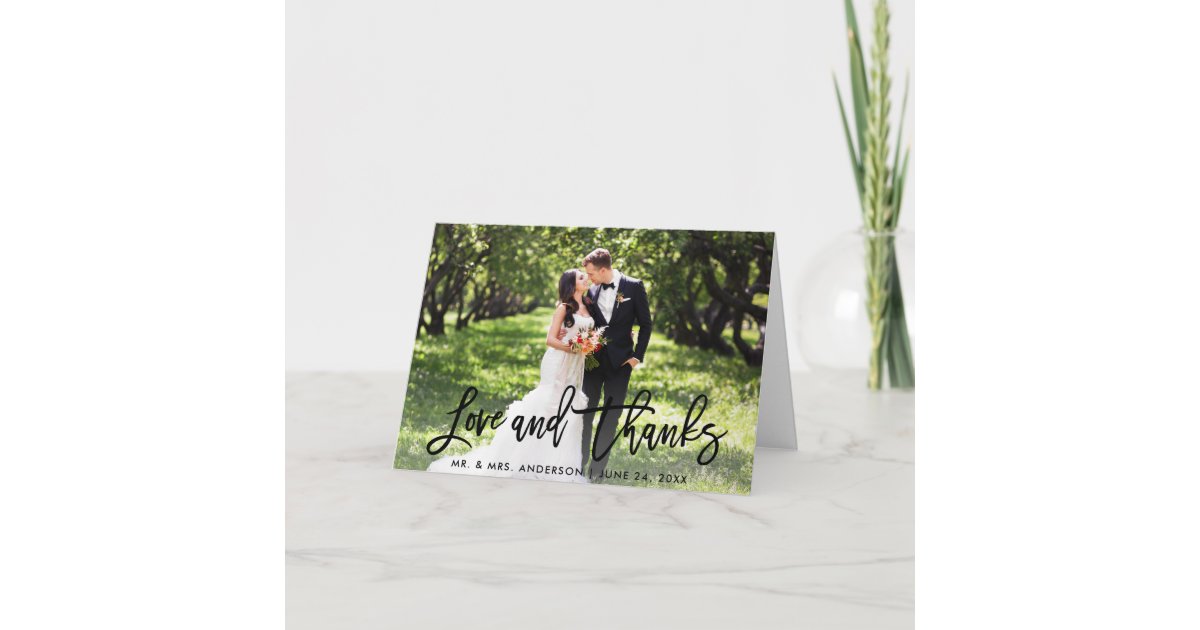 Wedding Modern Brush Script Love and Thanks Fold Card | Zazzle