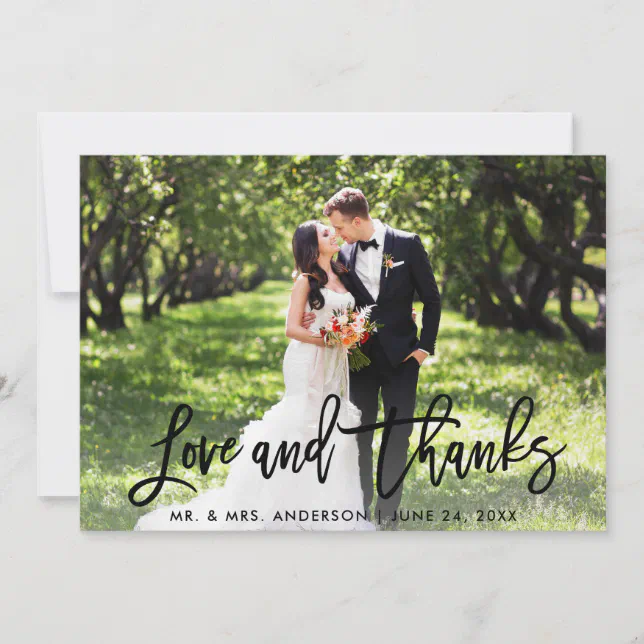 Wedding Modern Brush Script Love and Thanks Photo Thank You Card | Zazzle