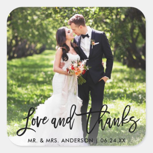 Wedding Modern Brush Script Love and Thanks Square Sticker