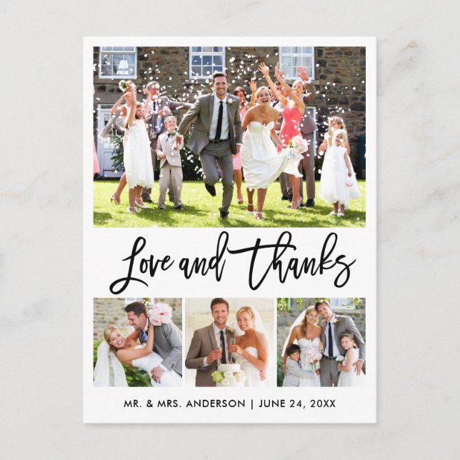 Wedding Modern Brush Script Love Thanks 4 Photo Postcard (Front)