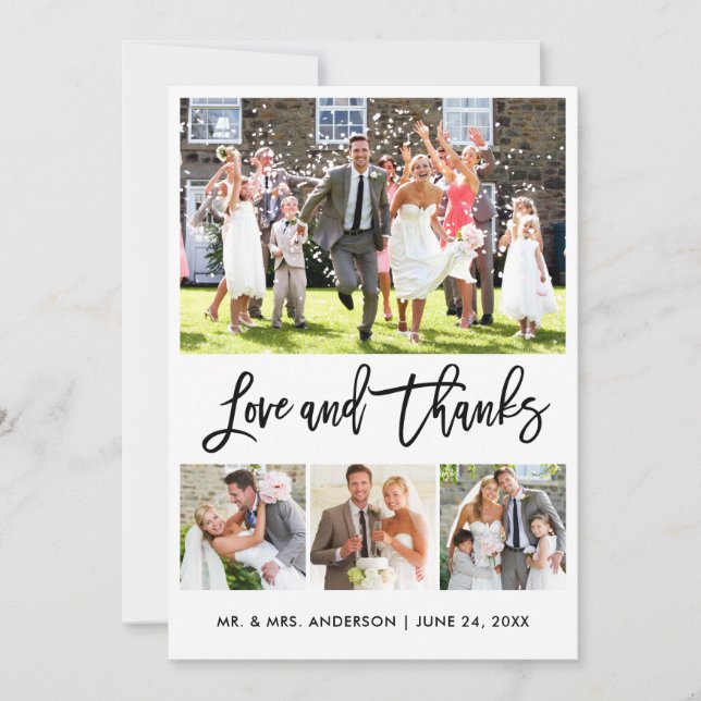 Wedding Modern Brush Script Love Thanks 4 Photo Thank You Card (Front)