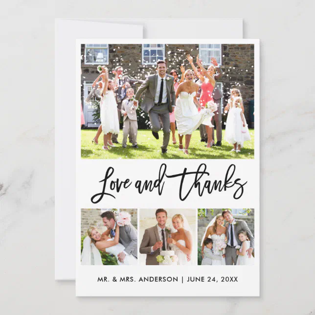 Wedding Modern Brush Script Love Thanks 4 Photo Thank You Card | Zazzle