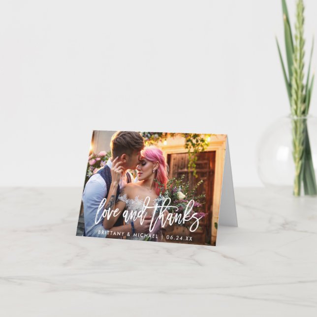 Wedding Modern Brush Script Love Thanks Fold Note Card (Front)