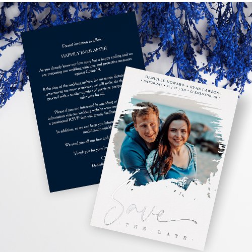 Wedding Modern Brushstroke Photo Engaged Couple Foil Invitation