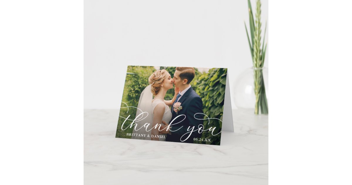 Wedding Modern Calligraphy Couple Photo Fold Thank You Card | Zazzle
