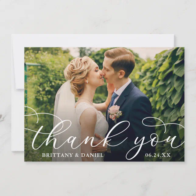 Wedding Modern Calligraphy Couple Photo Thank You Card 