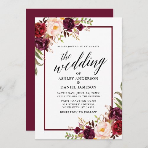 Wedding Modern Calligraphy Floral Burgundy Frame Invitation