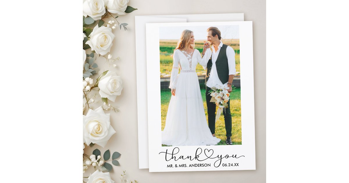 Wedding Modern Calligraphy Heart Script Photo Thank You Card | Zazzle