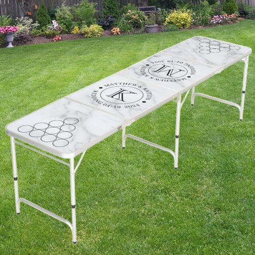 Wedding Modern Clean White Marble Name  Initials Beer Pong Table