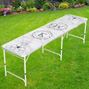 Wedding Modern Clean White Marble Name & Star Beer Pong Table
