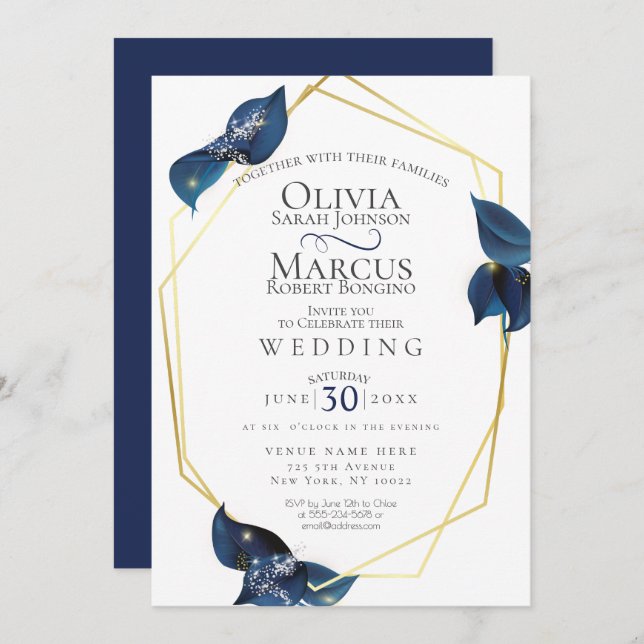 Wedding | Modern Deep Indigo Blue and Gold Invitation (Front/Back)