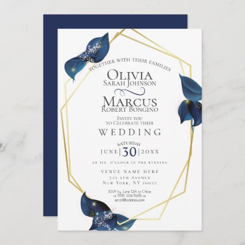 Wedding  Modern Deep Indigo Blue and Gold Invitation