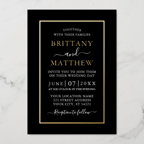 Wedding Modern Elegant Black White Gold Foil Invitation