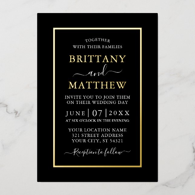 Wedding Modern Elegant Black White Gold Foil Invitation (Front)