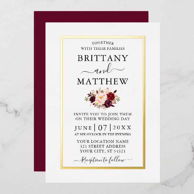 Wedding Modern Elegant Burgundy Floral Gold Foil Invitation (Front/Back)
