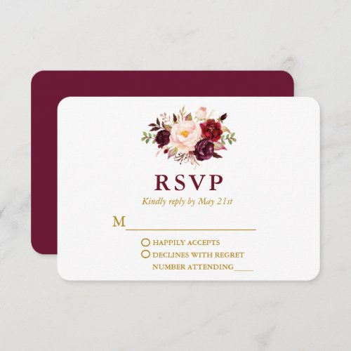 Wedding Modern Elegant Burgundy Floral Gold RSVP Card