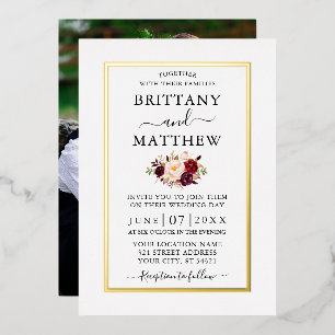 Wedding Modern Elegant Burgundy Floral Photo Gold Foil Invitation