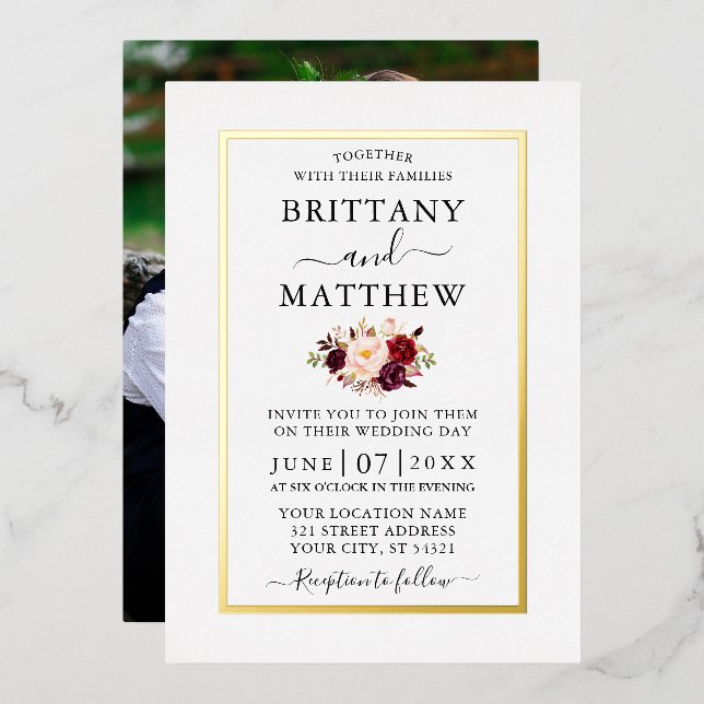 Wedding Modern Elegant Burgundy Floral Photo Gold Foil Invitation (Front/Back)