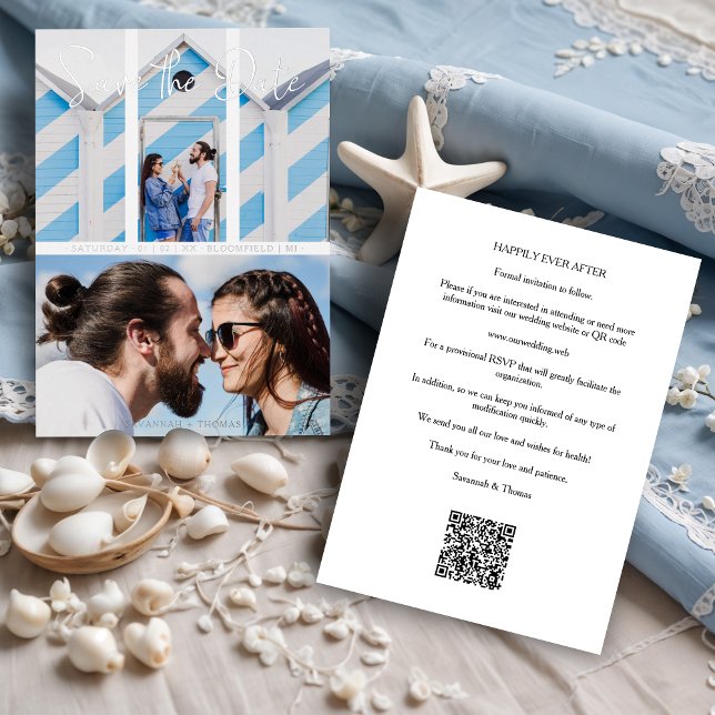 Wedding Modern Elegant Collage 2 Photos Couple Foil Invitation (Wedding Modern Elegant Collage 2 Photos Couple Metallic Foil Save the Date Card with QR code. )