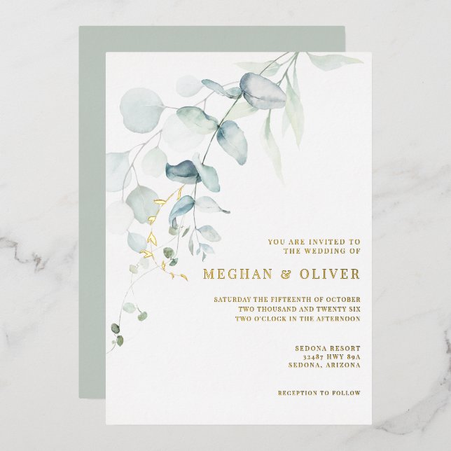 WEDDING  | Modern Elegant Eucalyptus Greenery  Foil Invitation (Front/Back)