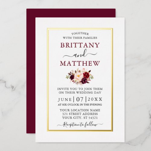 Wedding Modern Elegant Floral Burgundy Gold Foil Invitation