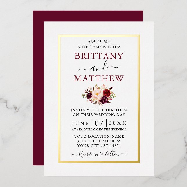 Wedding Modern Elegant Floral Burgundy Gold Foil Invitation (Front/Back)