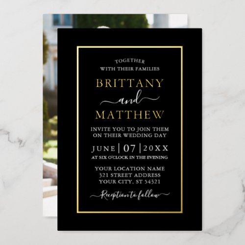 Wedding Modern Elegant Photo Black White Gold Foil Invitation