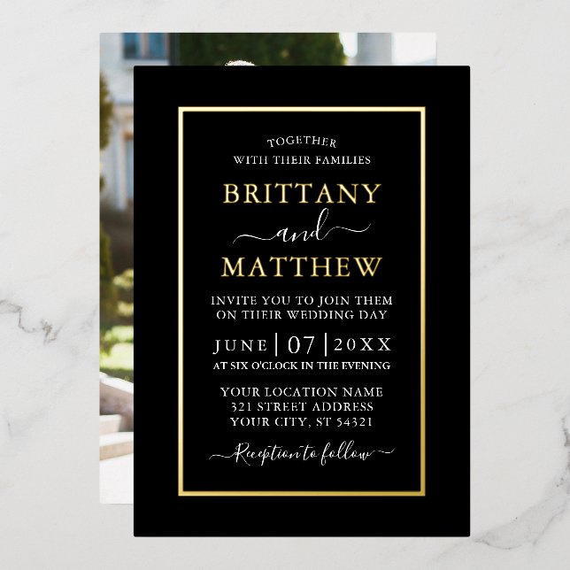 Wedding Modern Elegant Photo Black White Gold Foil Invitation (Front/Back)