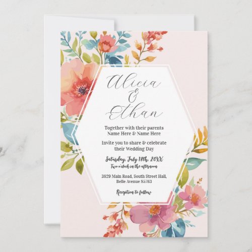 Wedding Modern Flowers Stylish Pink Colorful Invitation