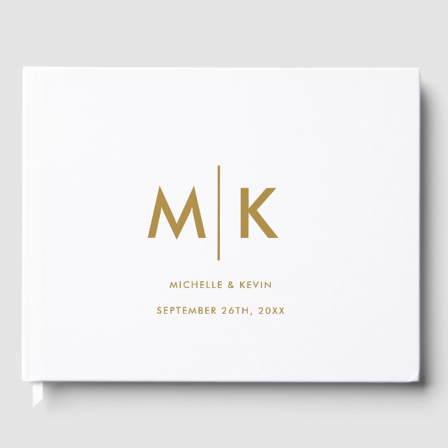 Wedding Modern Luxurious Monogram White Gold Guest Book (Front)