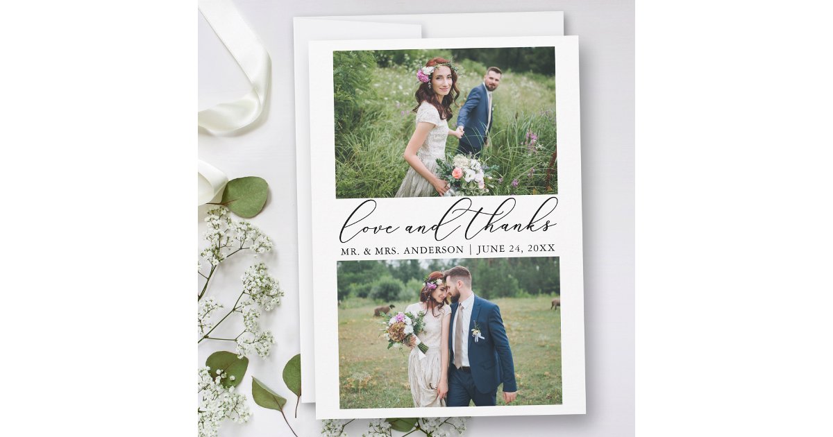 Wedding Modern Minimalist Calligraphy 2 Photo Love Thank You Card | Zazzle