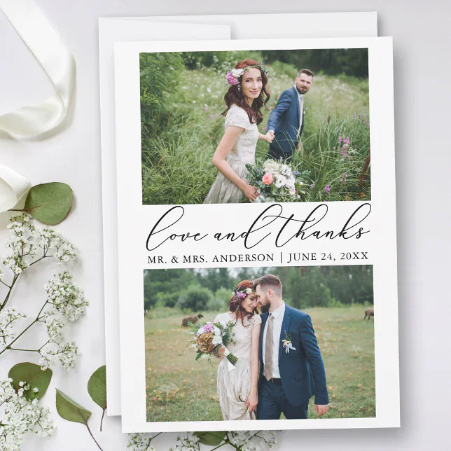 Wedding Modern Minimalist Calligraphy 2 Photo Love Thank You Card | Zazzle