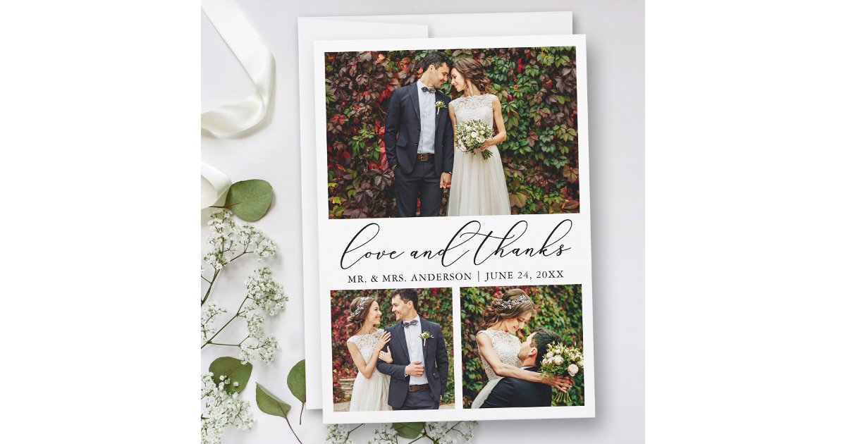 Wedding Modern Minimalist Calligraphy 3 Photo Love Thank You Card | Zazzle