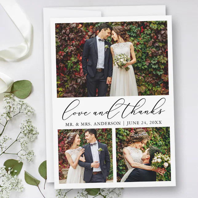Wedding Modern Minimalist Calligraphy 3 Photo Love Thank You Card | Zazzle