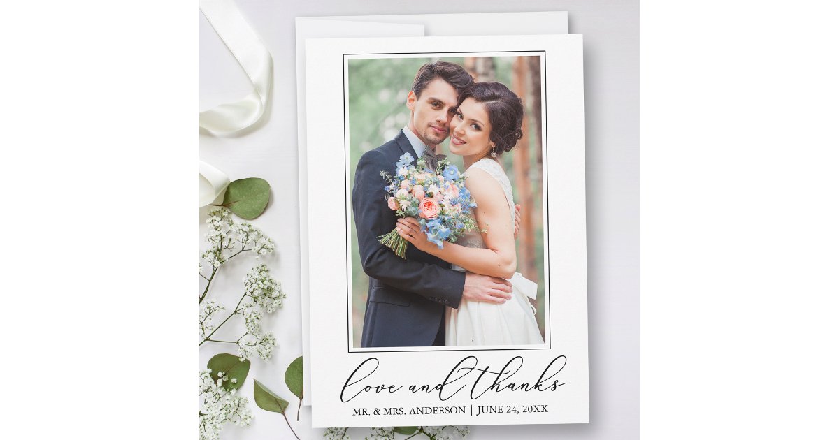 Wedding Modern Minimalist Calligraphy Love Photo Thank You Card | Zazzle
