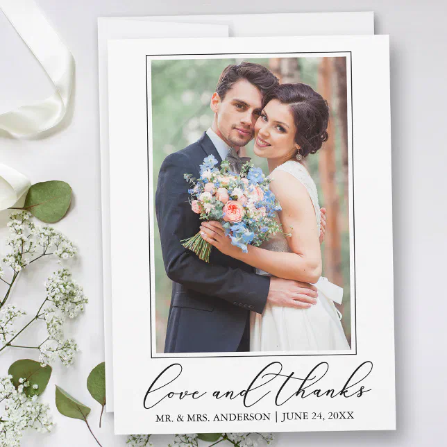 Wedding Modern Minimalist Calligraphy Love Photo Thank You Card | Zazzle