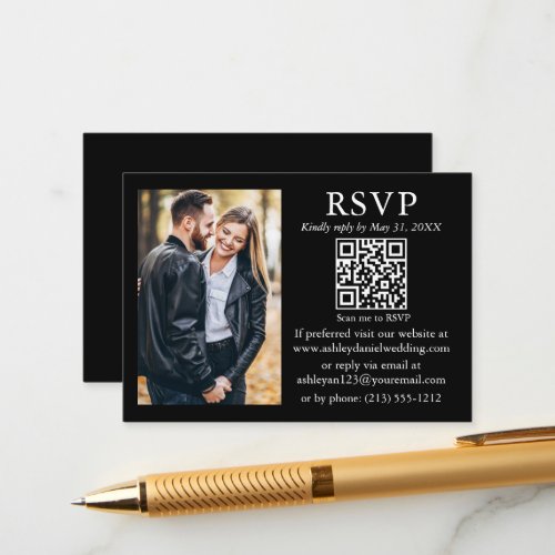 Wedding Modern Minimalist Photo Black QR RSVP Enclosure Card