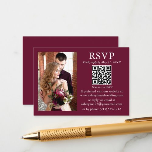 Wedding Modern Minimalist Photo Burgundy QR RSVP Enclosure Card