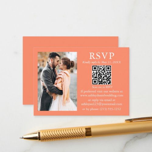 Wedding Modern Minimalist Photo Coral QR RSVP Enclosure Card