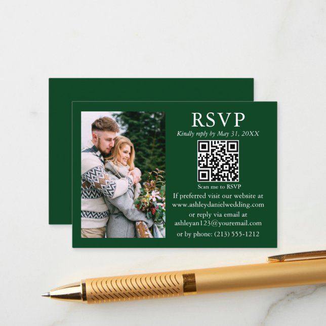 Wedding Modern Minimalist Photo Green QR RSVP Enclosure Card (Front/Back In Situ)