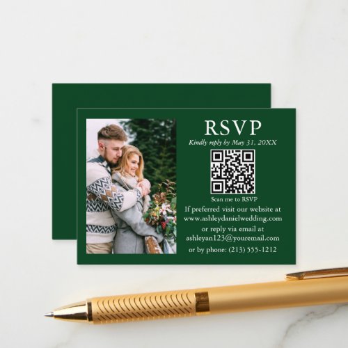 Wedding Modern Minimalist Photo Green QR RSVP Enclosure Card
