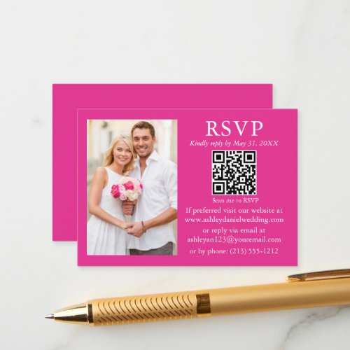 Wedding Modern Minimalist Photo Hot Pink QR RSVP Enclosure Card