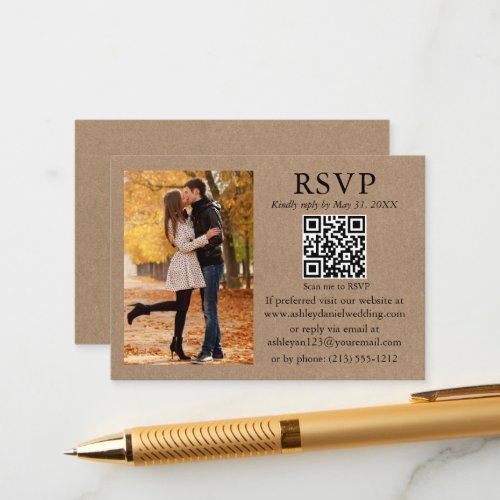 Wedding Modern Minimalist Photo Kraft QR RSVP Enclosure Card
