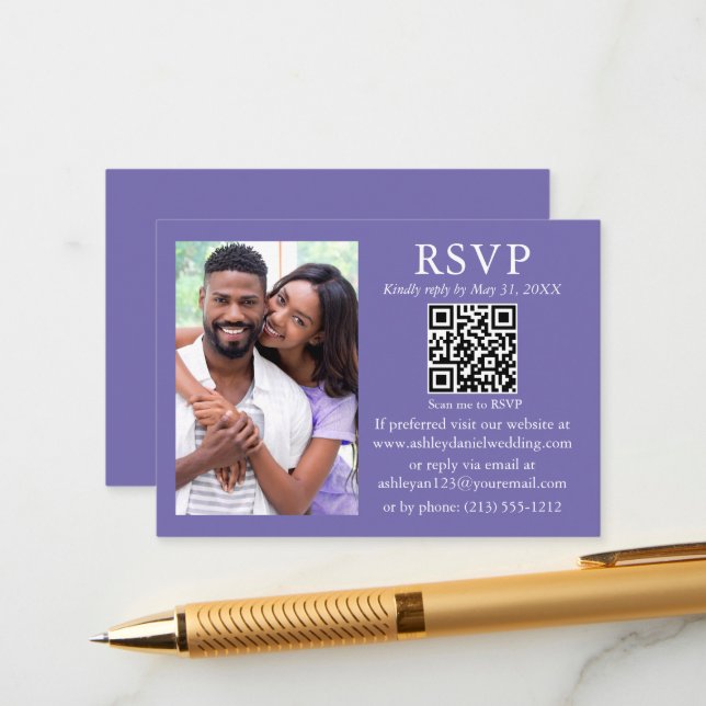 Wedding Modern Minimalist Photo Periwinkle QR RSVP Enclosure Card (Front/Back In Situ)
