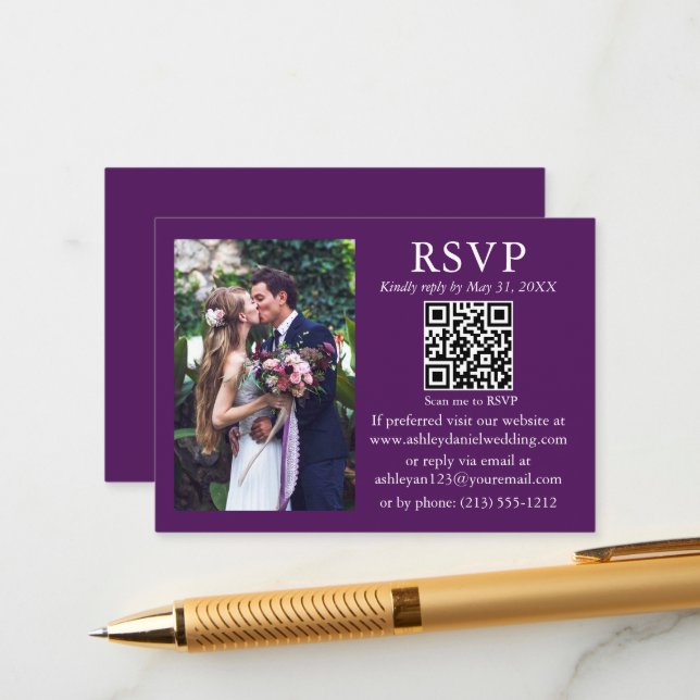 Wedding Modern Minimalist Photo Purple QR RSVP Enclosure Card (Front/Back In Situ)