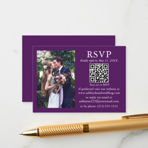 Wedding Modern Minimalist Photo Purple QR RSVP Enclosure Card