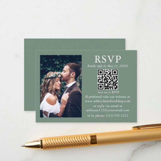 Wedding Modern Minimalist Photo Sage Green QR RSVP Enclosure Card (Front/Back In Situ)
