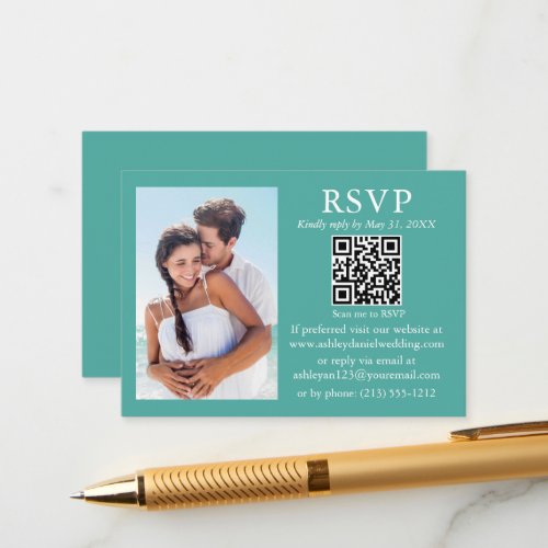 Wedding Modern Minimalist Photo Teal QR RSVP Enclosure Card